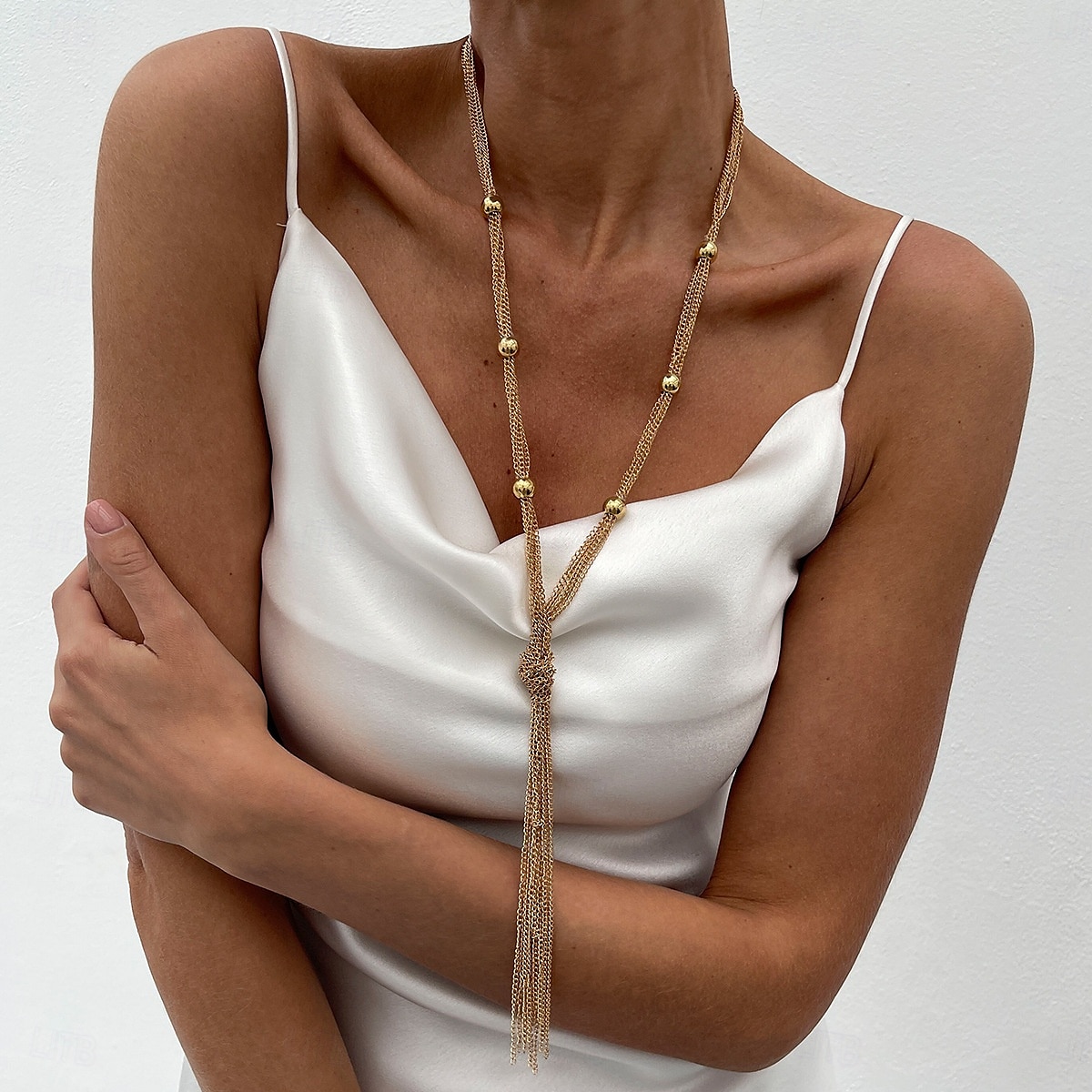 Dámský pozlacený střapcový náhrdelník - elegantní vrstvený řetízkový choker s dlouhými třásněmi, výrazný šperk na večírky, do nočních klubů a večerní akce 2025 - $11.99 –P9