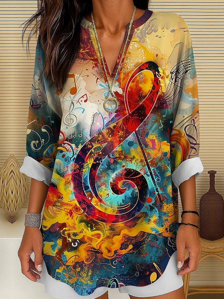 Musikfestival Damen Bluse Ombre Grafik Geometrisch Elegant Vintage Tropisch Langarm V Ausschnitt Normale Oberteile Täglich Ferien Druck Gelb Blau Grün Sommer Frühling 2025 - $24.99 –P4