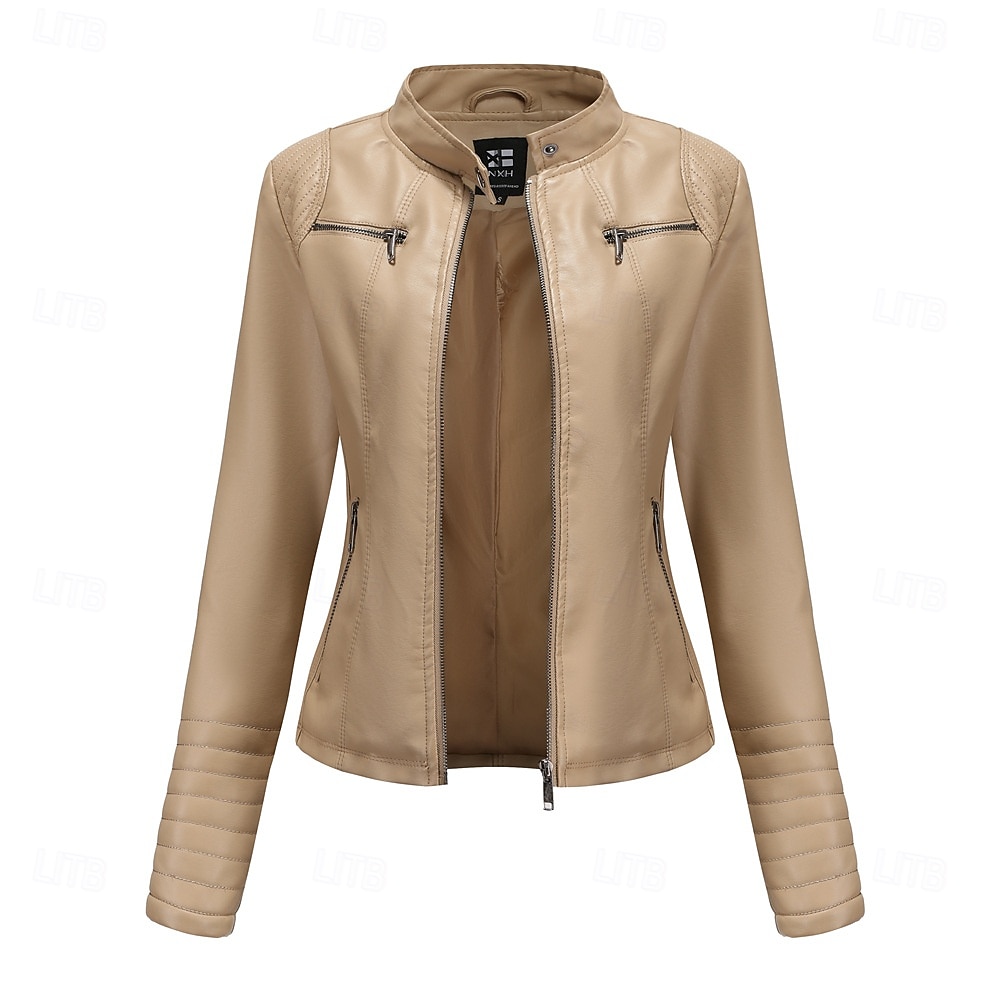 Dames Jas van imitatieleer Comfortabel Zak Volledige ritssluiting Modieus Street Style Effen Buiten Casual / Dagelijks Normaal Opstaand Normale pasvorm Lange mouw bovenkleding Zwart Rood Kameel Lente 2025 - $41.99 –P13