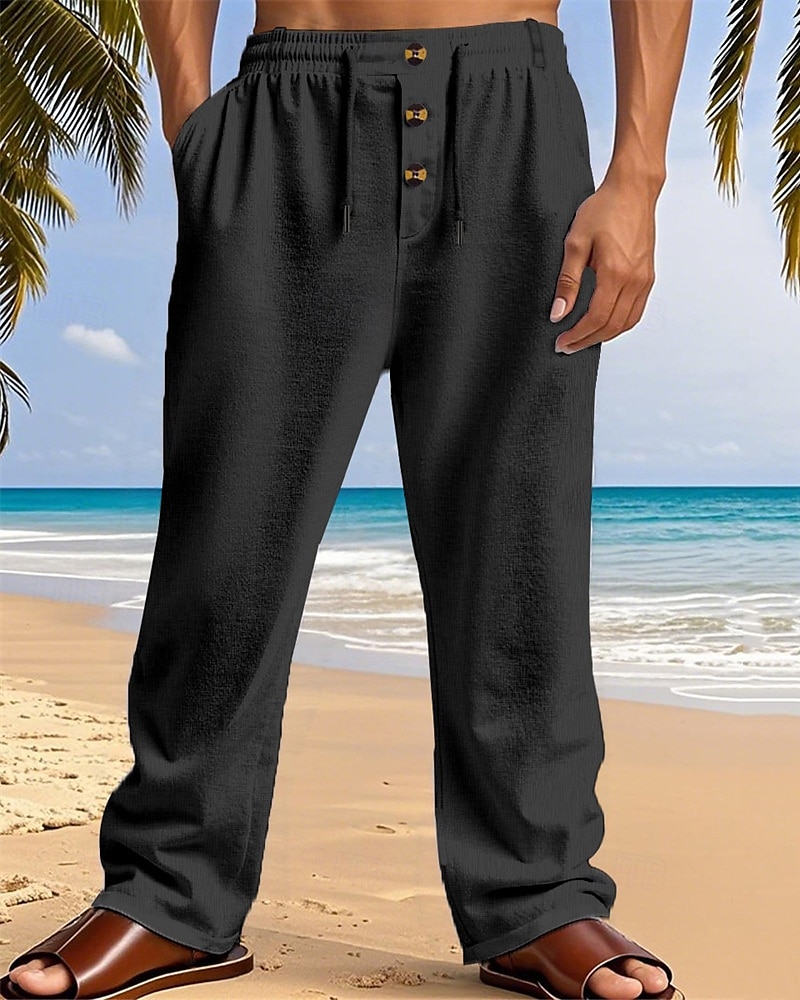 Men's Linen Pants Trousers Summer Pants Beach Pants Pocket Elastic Waist Drawstring Plain Comfort Breathable Vacation Daily Holiday Hawaiian Boho Dark Khaki Black 2025 - $18.99 –P7