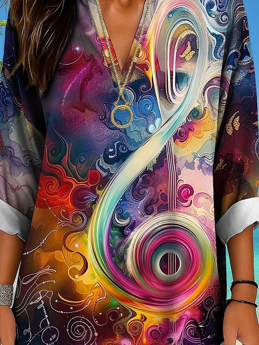 Blusa da donna maniche lunghe tunica ombre grafico geometrico elegante vintage tropicale maniche lunghe scollatura a V top regolari da indossare da giorno vacanze print bianco rosso arcobaleno estate del 2025 a $24.99 –P3