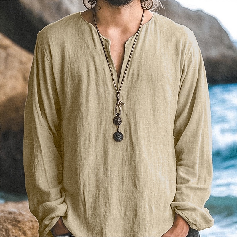 Voor heren Overhemd Linnen overhemd Zomer overhemd Strand hemd Effen Kleur Vakantie Casual Zwart Wit Groen Khaki Lange mouw V-hals Alle seizoenen Kleding Standaard 2026 - $7.99 –P11