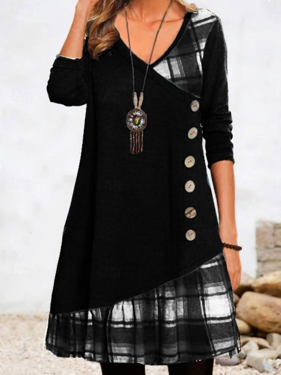 Women's Mini Dress A Line Dress Casual Daily Regular Fit Plaid Long Sleeve V Neck Black Red Green Gray Fall Winter 2025 - $28.99 –P5