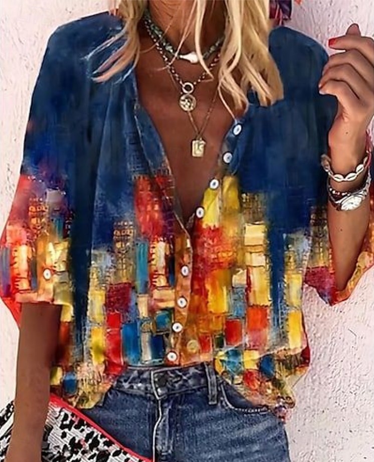 Dame Bluse Grafisk Geometrisk Fargeblokk Elegant Daglig Stilfull 3/4 ermer Halvlange ermer V-hals Høyhalset Vanlige topper Knapper Trykt mønster Marineblå Blå Fuksia Oransje Sommer Vår 2025 - $34.99 –P1