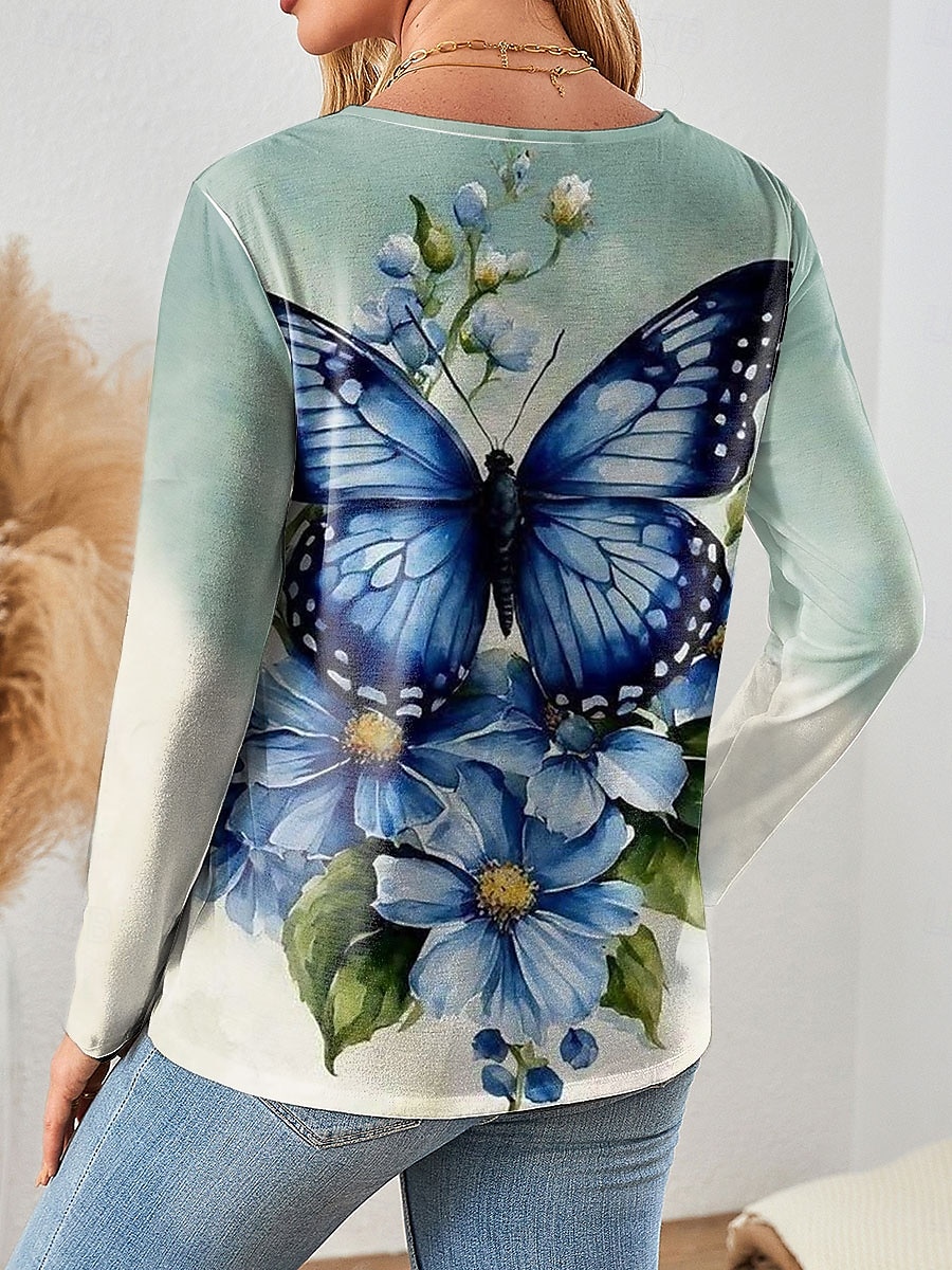 Pentru femei Tricou Floral Grafic Fluture Epocă Stilat Clasic Manșon Lung Stil Nautic Topuri obișnuite Zilnic Sfârșit de săptămână Imprimeu Trifoi Primăvară Toamnă 2025 - $22.99 –P2