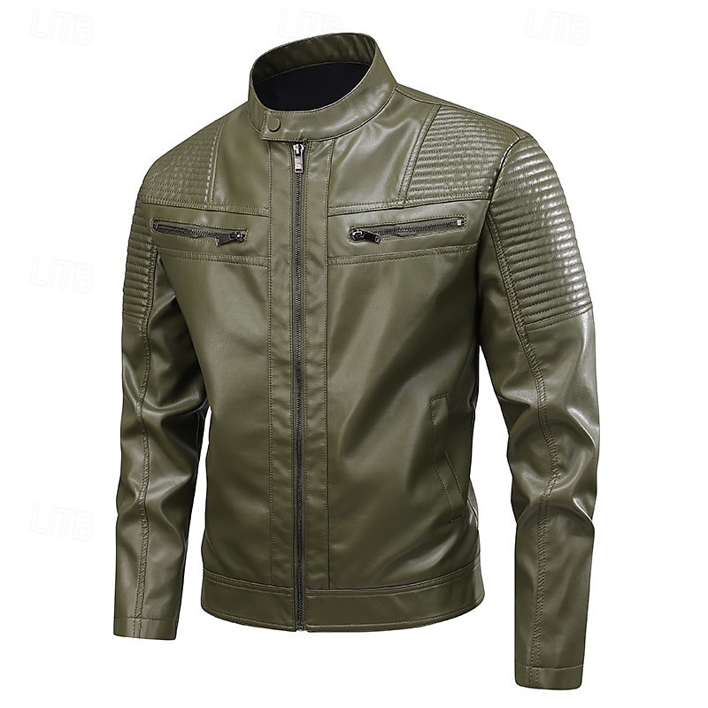 Herren Kunstlederjacke Bikerjacke Motorradjacke Urlaub Täglich Winddicht Warm Tasche Herbst Winter Einfach Mode Klassisch Stehkragen Regulär Schwarz Grün Jacken 2025 - $58.99 –P3