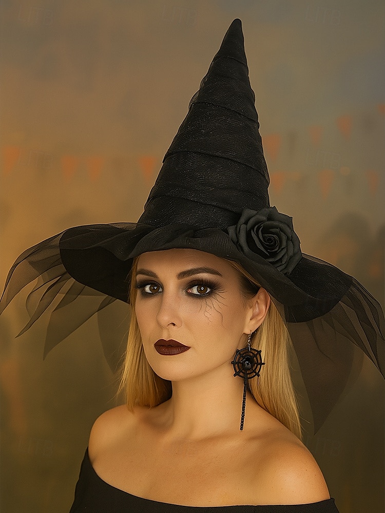 cappello da strega di Halloween da donna con velo a rete e rosa – cappello gotico a punta per feste in maschera, cosplay ed eventi a tema del 2025 a $14.99 –P2