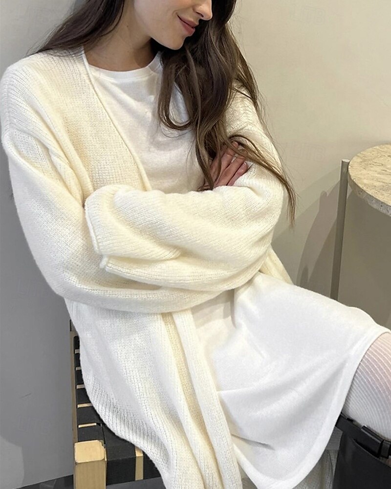 Damskie Sweter Sweter rozpinany Moda Moda miejska Codzienny Jednokolorowe Prążkowany Otwarty przód Dzianiny Długi rękaw Długie topy Robić na drutach Święto Wyjściowe Weekend Biały Żółty Jesień Zima 2025 - $29.99 –P2