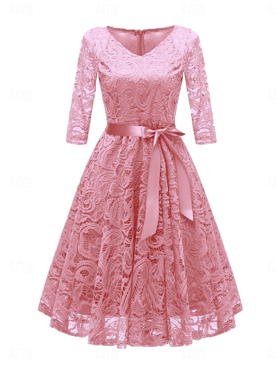 Per donna Abito Midi Abito in Pizzo Abito da Cocktail Abito da invitata a nozze Chiffon Elegante Moda Moderno All'aperto Cocktail party Vestibilità regolare Semplice Manica 3/4 Scollo a V Rosa Vino del 2025 a $31.99 –P4