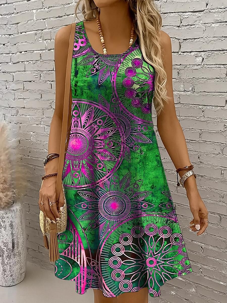 Damen Minikleid Sommerkleid A Linie Kleid Urlaub Lässig Boho Party Ferien Date Normale Passform Grafik Geometrisch Boho Paisley Damast Ärmellos U-Ausschnitt Rundausschnitt Rote Blau Purpur Grün 2025 - $21.99 –P6