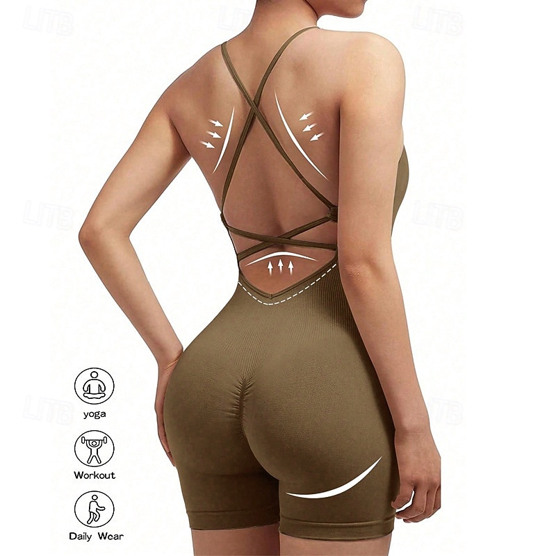 Women's Scrunch Yoga Romper Workout Jumpsuits Backless Solid Color Bodysuit Summer Dark Grey Black Gym Workout Volleyball Running High Waist Tummy Control Stretchy Breathable Sport Activewear Tight 2026 - $22.99 –P9