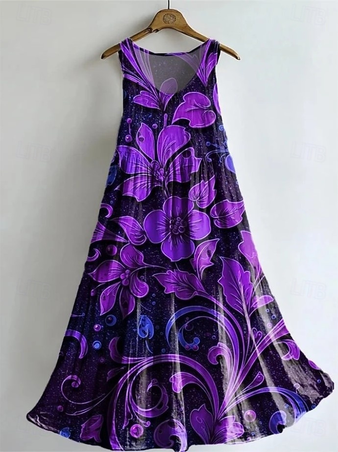 Damen Maxikleid Sommerkleid A Linie Kleid Unterkleid Faltenkleid Urlaub Lässig Boho Party Ausgehen Strand Normale Passform Blumen Grafik Libelle Ärmellos U-Ausschnitt Dunkelviolett Violett Purpur 2025 - $35.99 –P2
