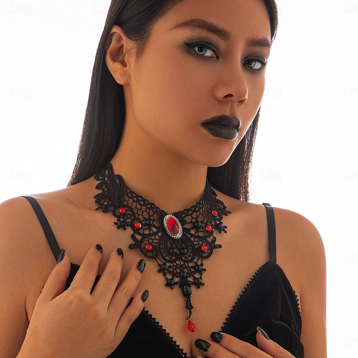 Collana girocollo in pizzo gotico da donna - stile vittoriano vintage nero con pietre preziose rosse e dettagli in perline, elegante gioiello per feste gotiche ed eventi cosplay del 2025 a $11.99 –P1