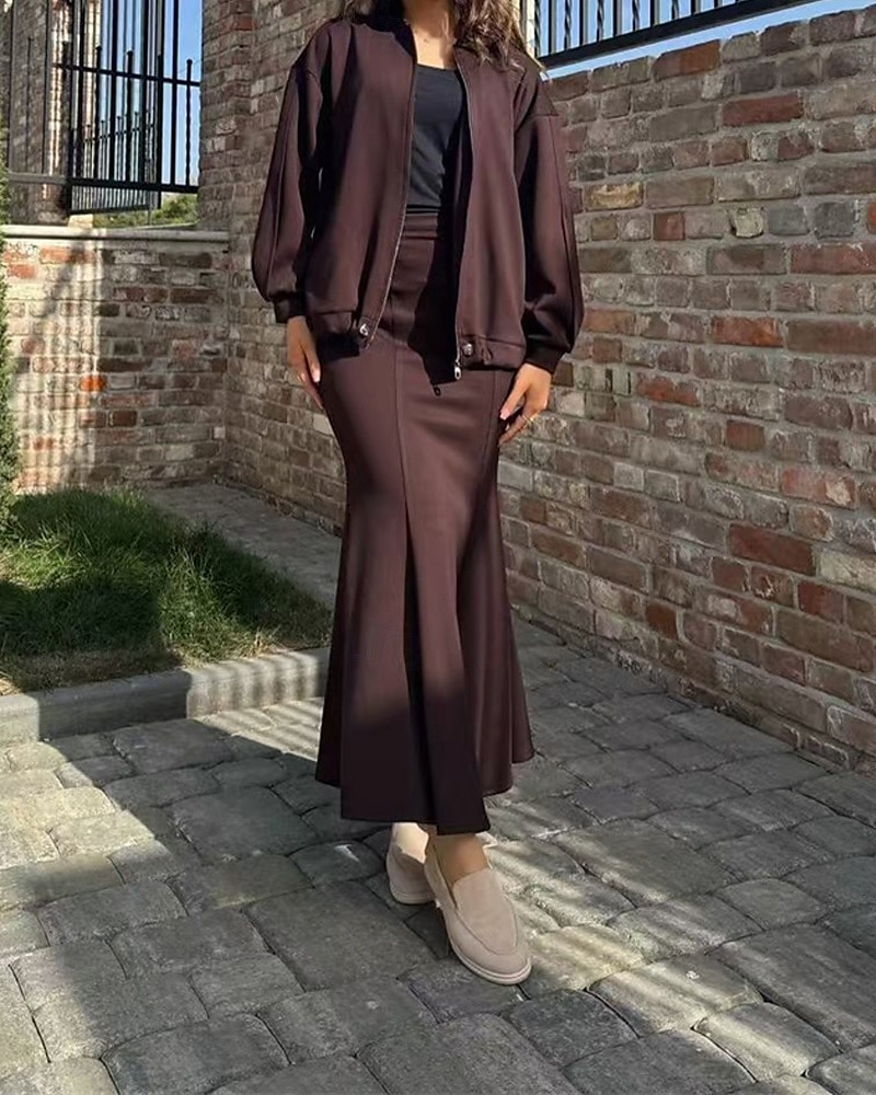 Femmes Robe Ensemble Robe d'été Robe Midi Occasionnel Uni Fermeture éclair Robe maxi manche longue Col en V Extérieur Date Noir Vin Café Été Coupe Ample de 2025 ? $34.99 –P5