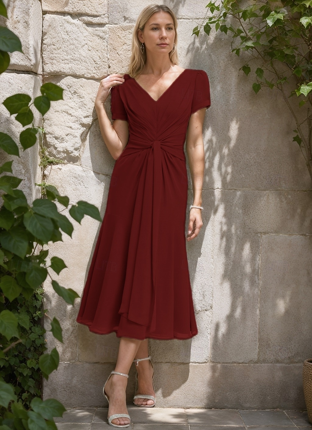 A-Line Mother of the Bride Dress Formal Wedding Guest Elegant Simple Minimalist V Neck Tea Length Chiffon Short Sleeve with Pleats Ruched 2025 - $125.99 –P11