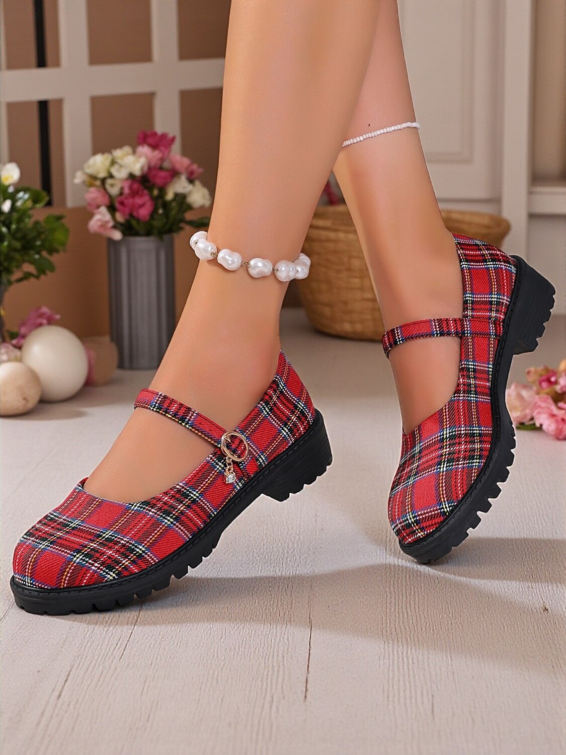 Women's Red Plaid Mary Jane Flats - Chunky Sole Tartan Shoes with Buckle Strap, Casual School Style for Teens and Fall Outfits 2025 - $19.99 –P5