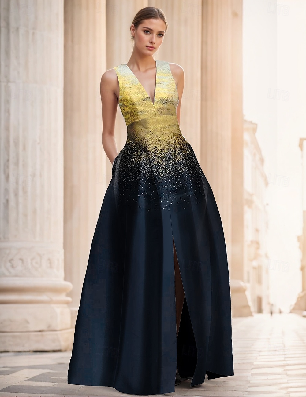 Arany és Fekete Jacquard Ruha A-vonalú Estélyi Ruha Elegáns Ruha Formális Esküvő Padlós Ujjatlan V Nyak Szatén Hasíték Zsebbel 2025 - $149.99 –P1