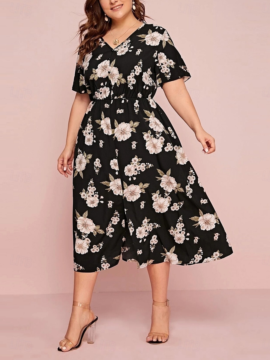 Pentru femei Mărime Plus Rochie casual Floral În V Manșon scurt Vară Primăvară Elegant Modă Modern Casual Rochii Midi Zilnic Concediu Rochie 2025 - $23.99 –P4
