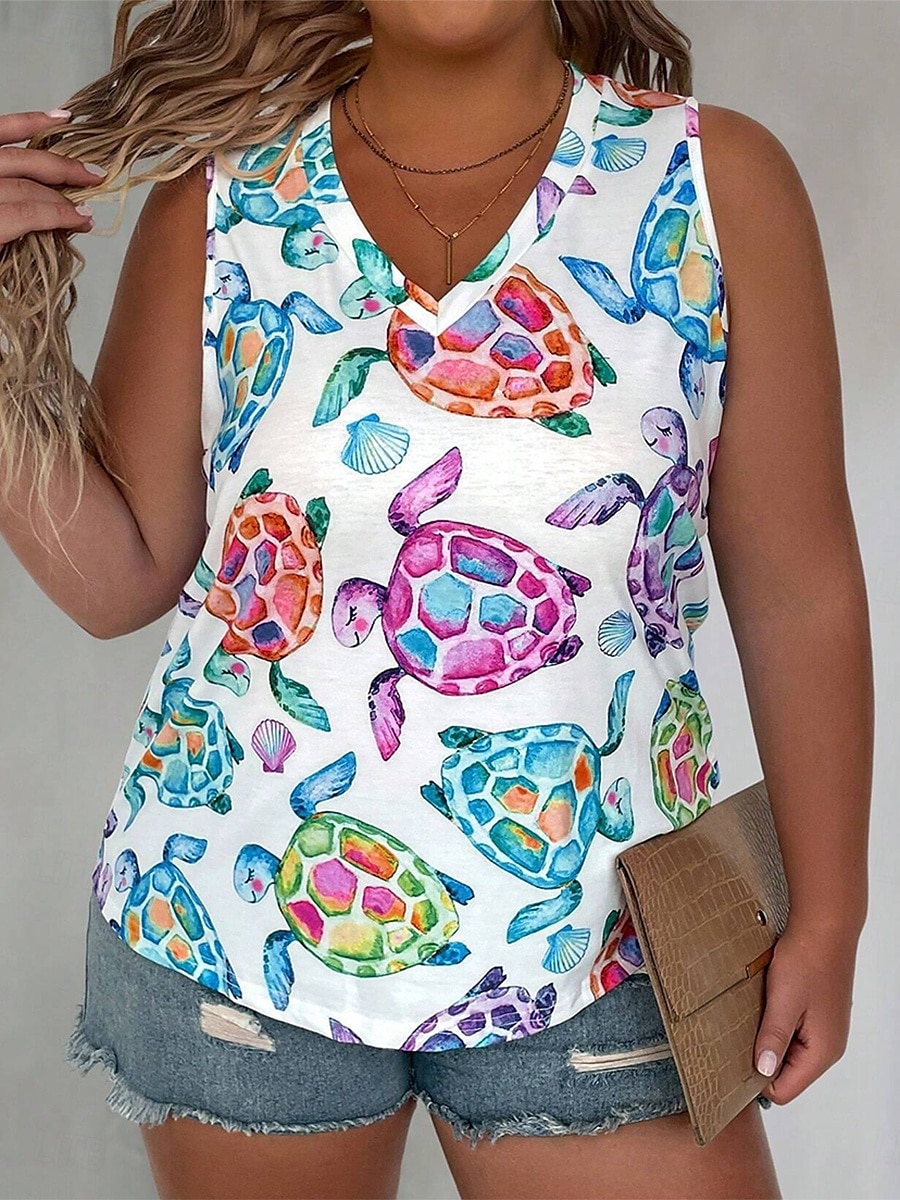 Femmes Grande taille Hauts T-shirt Graphique Animal Sans manches Col en V Occasionnel Quotidien Polyester Été Bleu de 2025 ? $22.99 –P1