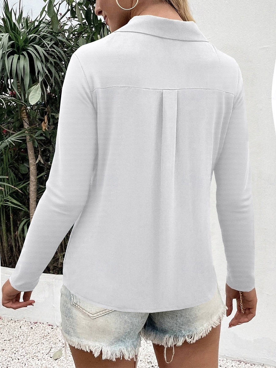 Camicia da donna con bottoni blusa unicolore elegante casual a maniche lunghe scollata a V colletto regolare eleganti quotidiani stampa nera bianca blu fucsia estate primavera del 2025 a $21.99 –P11