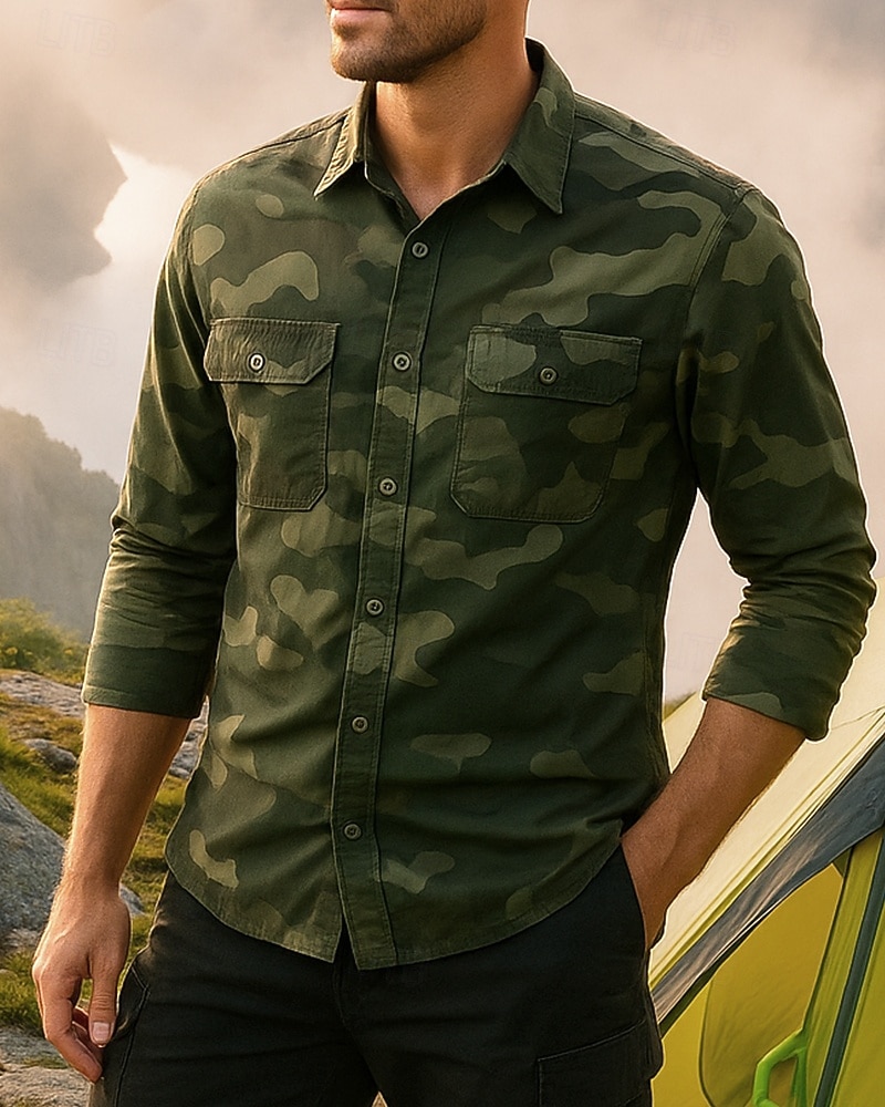 Herr cargoskjorta Camo-tröja Långärmad Nedvikt Överdelar Utomhus Andningsfunktion Vår Höst Bomull Kamouflage Grön Kaki Grå Tennis Golf Löpning 2026 - $28.99 –P1
