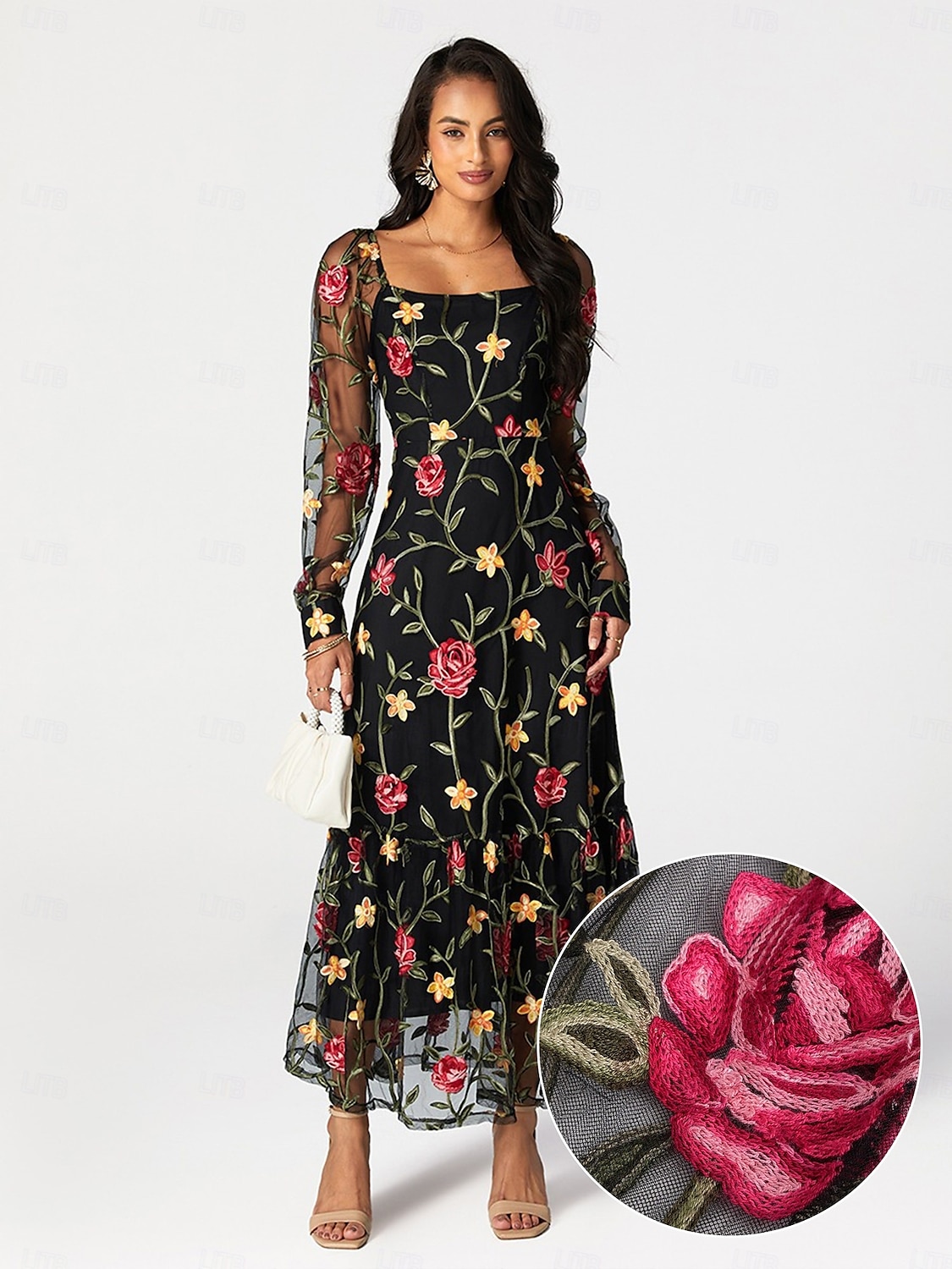 A-Linie Brautmutterkleid Elegant Schwarzes Kleid Durchsichtig Quadrathals Knöchellänge Tüll Langarm mit Rüschen Stickerei 2025 2025 - $119.99 –P4