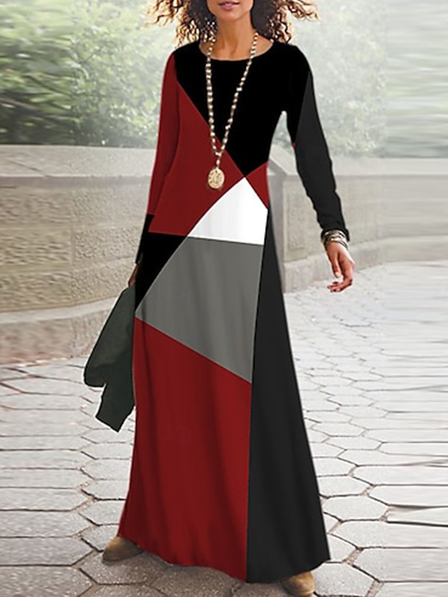 Sukienka Maxi Damska Vintage Boho A-Linia Sukienka Z Okrągłym Dekoltem Długi Rękaw Codzienna Regularna Fason Graficzny Geometryczny Czarny Czerwony Pomarańczowy Wiosna Jesień Zima 2026 - $34.99 –P1