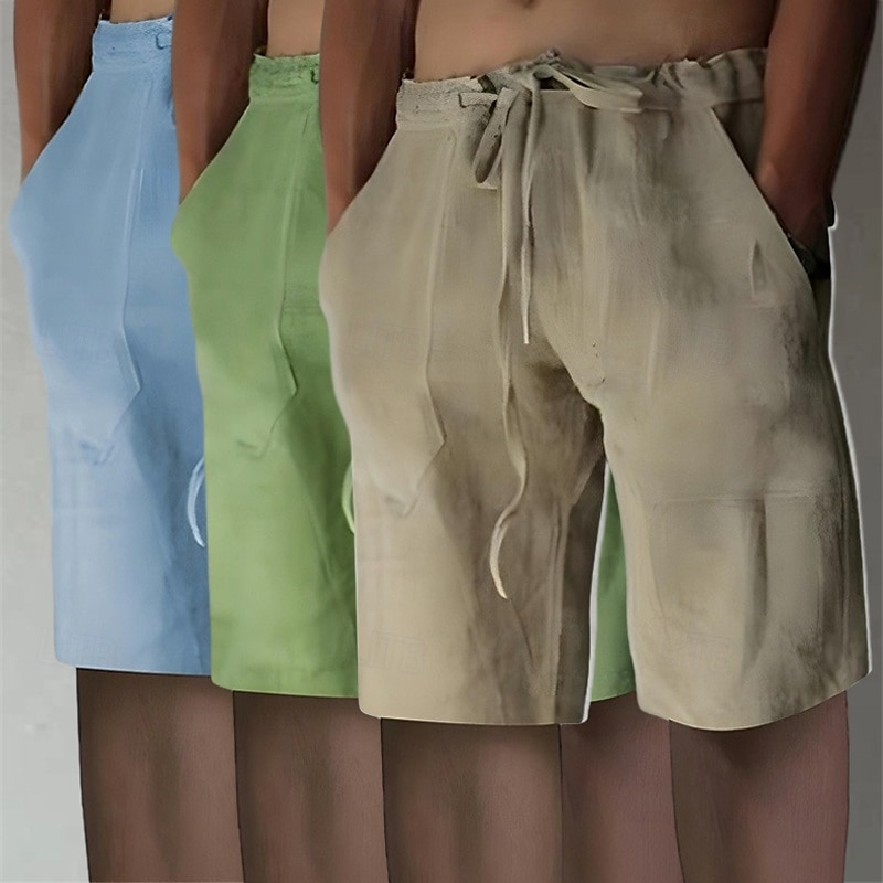 Men's Shorts Linen Shorts Summer Shorts Beach Shorts Elastic Waist Drawstring Front Pocket Plain Comfort Soft Knee Length Casual Daily Vacation Fashion White+Black+Gray black+khaki+blue Inelastic 2025 - $25.99 –P7