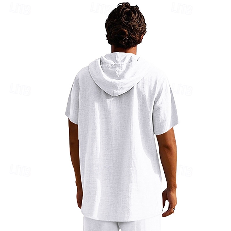 Men's Shirt Linen Shirt Popover Shirt Casual Shirt Cotton Shirt Plain Vacation Street Black White Navy Blue Brown Short Sleeve Hooded Summer Clothing Apparel Lace up 2025 - $22.99 –P10
