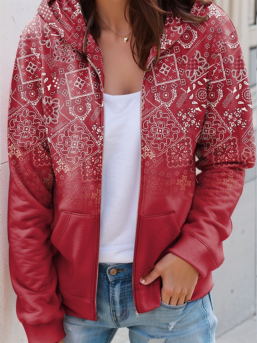 Kvinnors dragkedja hoodie grafisk geometrisk paisley mode avslappnad lång ärm huva vanlig toppar gata dagliga kläder ficka tryck röd blå lila grön vår höst 2025 - $27.99 –P1
