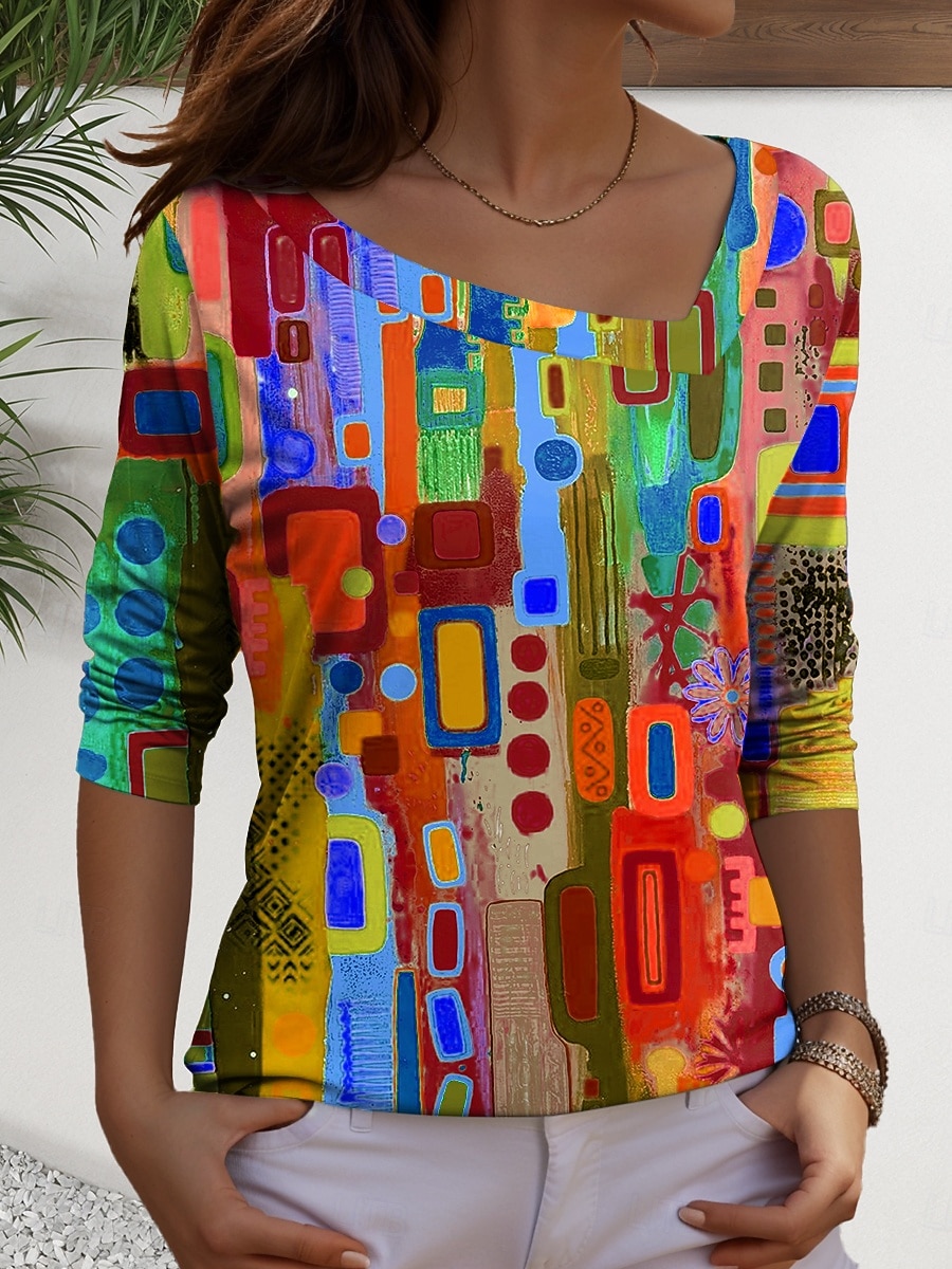 Per donna Maglietta Stampato Grafico Geometrico Casual Manica Lunga Scollo a V Top Regolari Quotidiano Blu Rosso Viola Verde Primavera Autunno del 2026 a $22.99 –P3