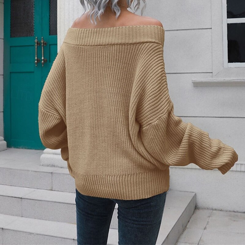 Damen Pullover Lässig Einfarbig Grobstrick Schulterfrei Gestrickt Langarm Normale Oberteile Stricken Täglich Ferien Ausgehen Schwarz Blau Herbst Winter 2025 - SGD S$35.94 –P7