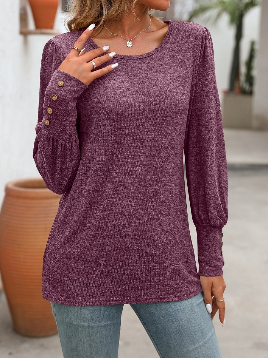 Dame Bluse Helfarge Stilfull Fritid Langermet Crew-hals Vanlige topper Daglig Knapper Svart Blå Fuksia Grønn Kakifarget Sommer Vår 2025 - $19.99 –P24