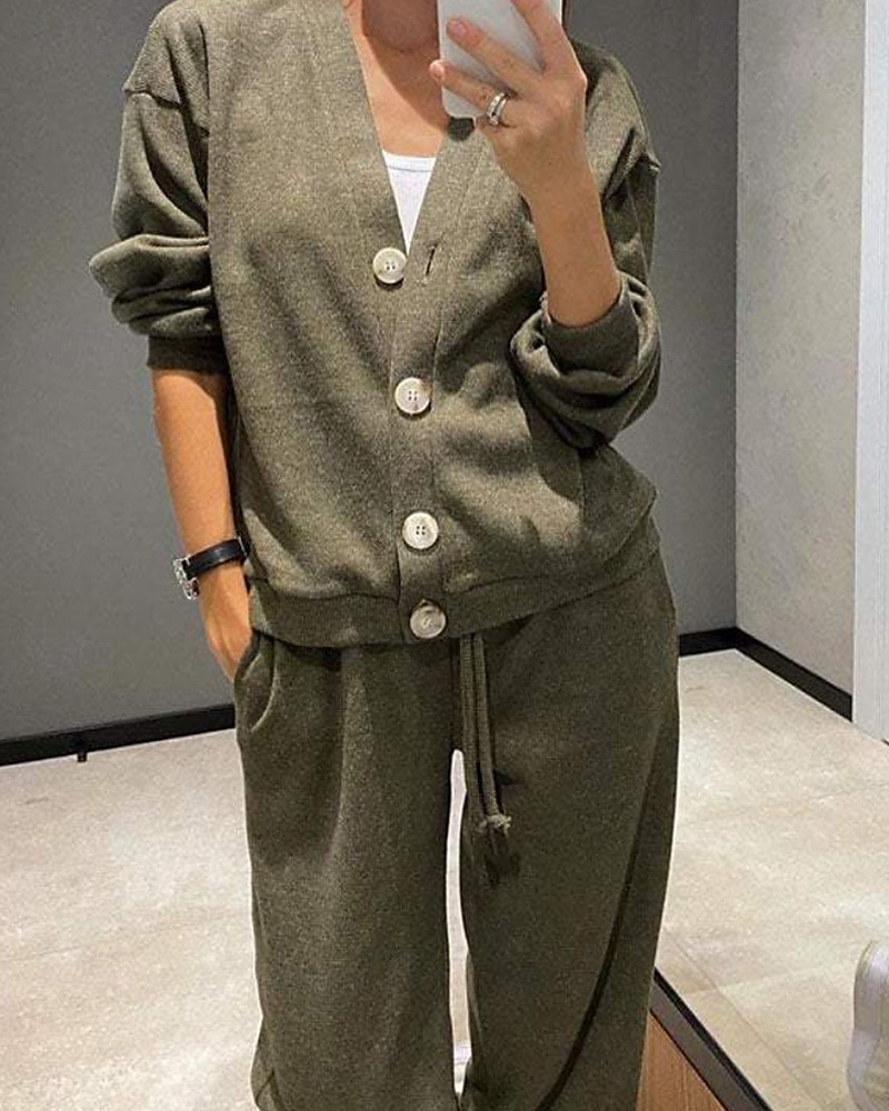 Dames Actief Streetwear Blouse Broeken Sets Lange mouw V-hals Effen Kleur Vakantie Alledaagse kleding Zwart Leger Groen Stoffig blauw Herfst Normale pasvorm 2025 - $24.99 –P1