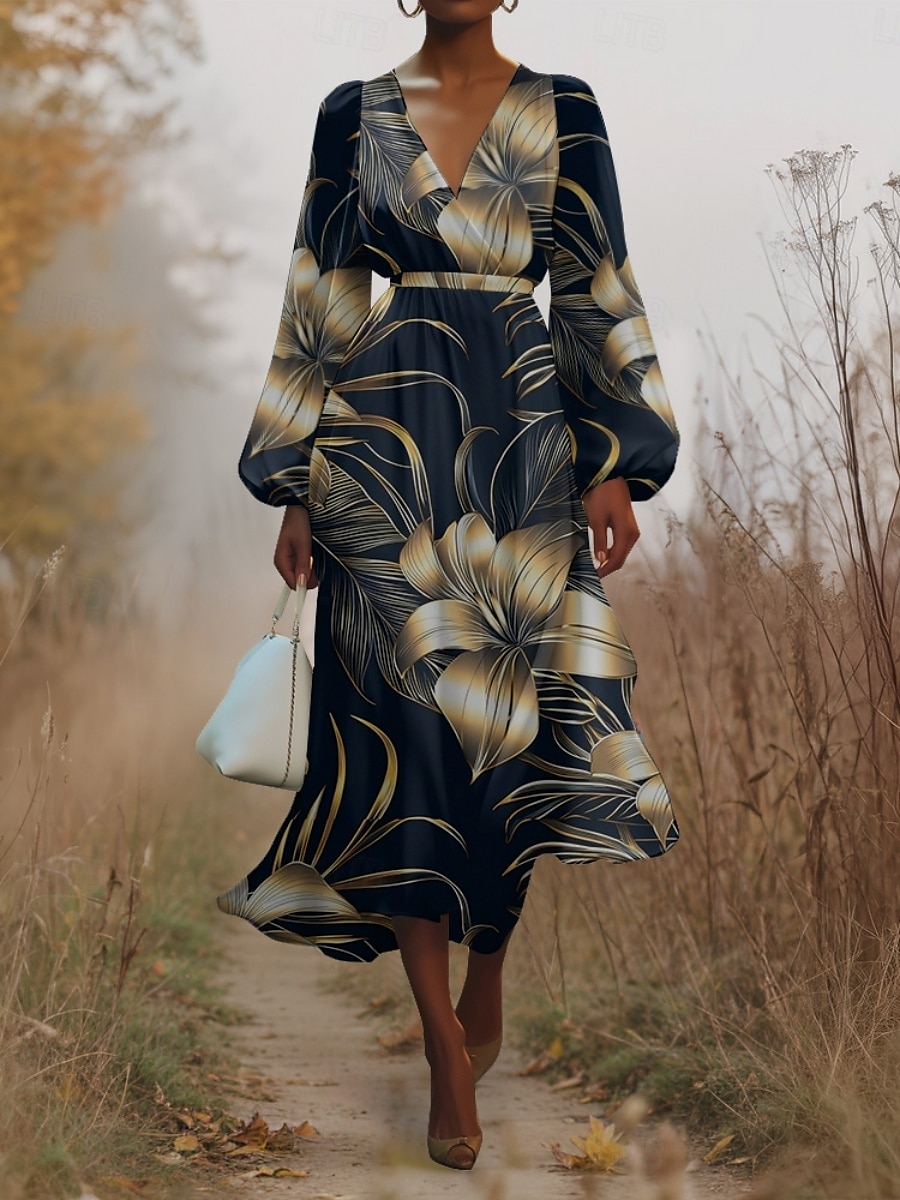 Femmes Robe Midi Robe Décontractée Mousseline de Soie Robe évasée Moderne Vacances Quotidien Week-end Coupe régulière Fleuri manche longue Col en V bleu marine Bleu Bleu de minuit Été Printemps de 2025 ? $31.99 –P7