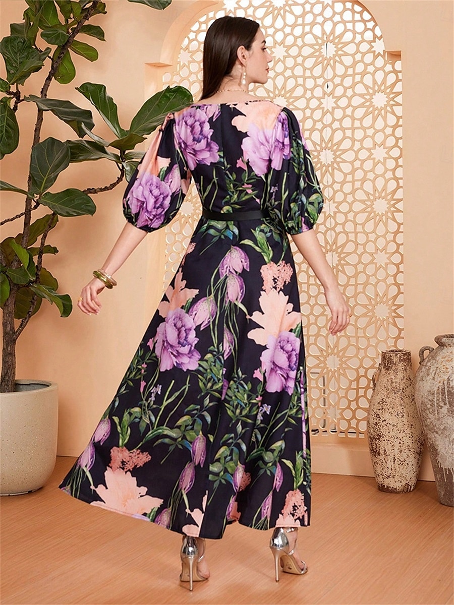 Linea ad A Abito da cerimonia per signora Elegante Scollo a V Lunghezza al pavimento Chiffon Mezza Manica con Fascia / Nastro Pieghe Fiore 2025 del 2025 a $119.99 –P7