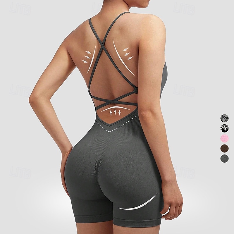 Women's Scrunch Yoga Romper Workout Jumpsuits Backless Solid Color Bodysuit Summer Dark Grey Black Gym Workout Volleyball Running High Waist Tummy Control Stretchy Breathable Sport Activewear Tight 2026 - $22.99 –P10