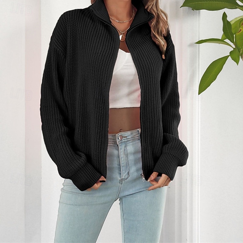Női Kardigán Alkalmi Tömör szín Vaskos Körgallér Cipzár Kötött Hosszú ujj Normál felsők Kötött Napi Szabadság Alkalmi Fekete Arcpír rózsaszín Ősz Tél 2025 - $24.99 –P6