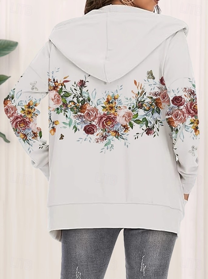 Dame Zipper Hoodie Blomster Grafisk Moteklær Casual Langermet Hette Vanlige Topper Gate Hverdagsbruk Lomme Trykk Hvit Lilla Fuksia Vår Høst 2025 - $27.99 –P4