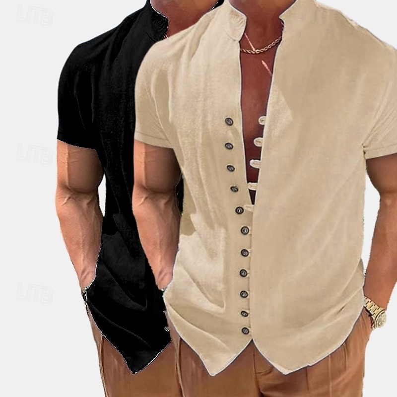 Homme Chemise en lin Chemise d'été Tenue de plage Chemise Boutonnée Uni Vacances Croisière Blanc + kaki Kaki + Noir Vert + Kaki Noir + blanc Manche Courte Col montant Été Printemps & Été Vêtement de 2026 ? $29.99 –P10