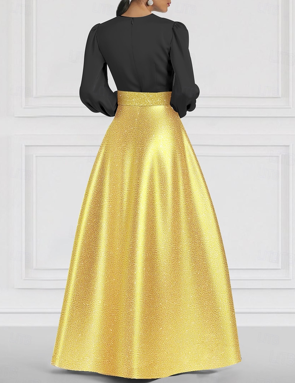 Abito da Sera A-Line Nera e Oro con Cravatta Nera Gonna Jacquard Brillante con Cintura Formale Matrimonio Lunghezza a Terra Manica Lunga Collo a V Seta con Tasca e Fessura del 2025 a $157.99 –P2