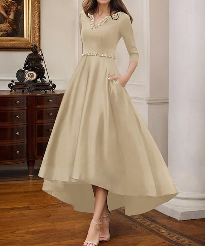 Robe de cocktail trapèze élégante, robe de soirée formelle, longueur thé, robe asymétrique, manches mi-longues, col en V, satin extensible avec poche à perles, 2025 de 2025 ? $142.99 –P6