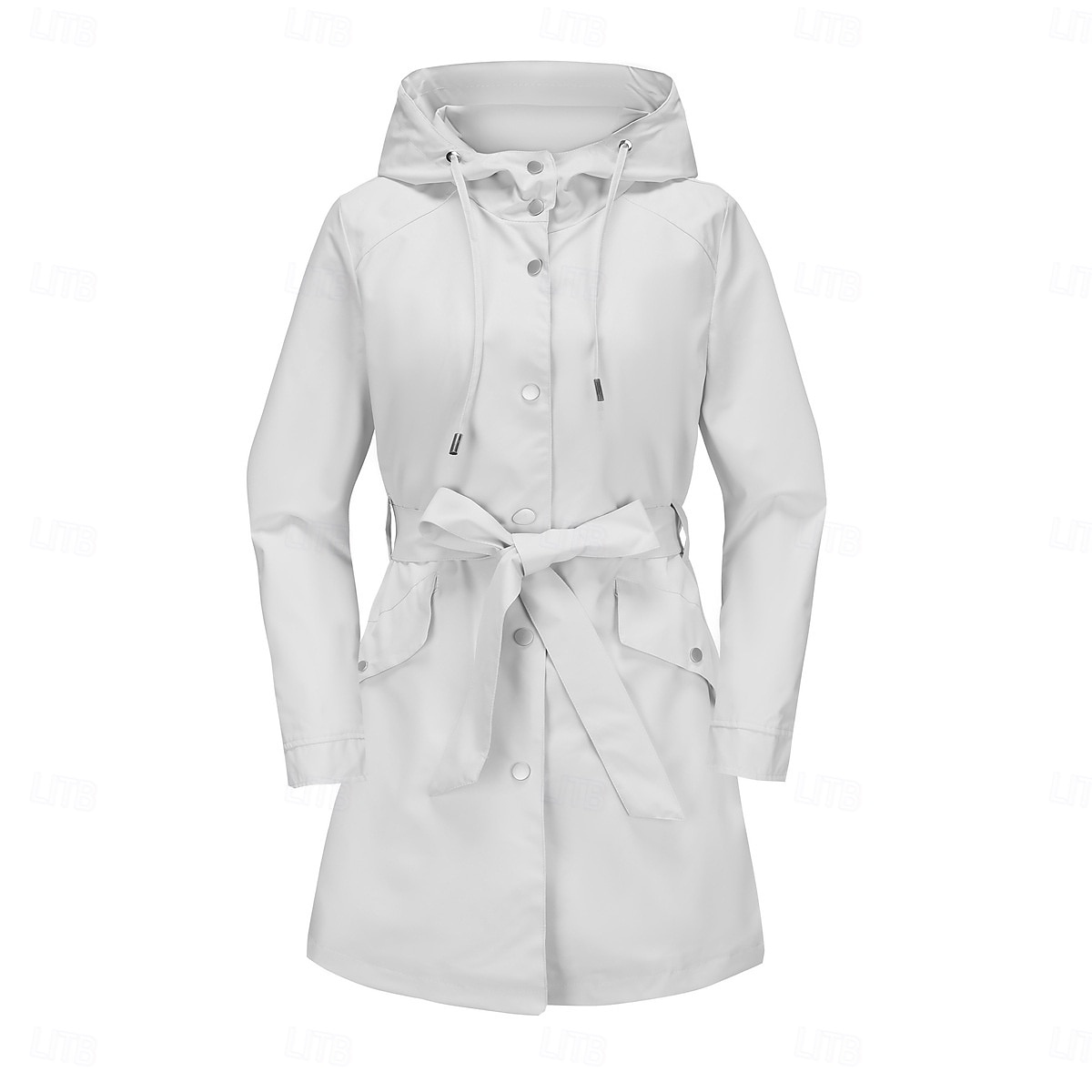 Women's Coat Waterproof Comfortable Pocket Buttons Fashion Street Style Plain Outdoor Casual Daily Long Hooded Regular Fit Long Sleeve Outerwear Black White Pink Spring Fall 2025 - $43.99 –P13
