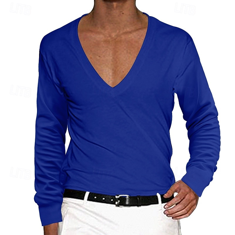 Herren T Shirt T-Shirt Langarm V Ausschnitt Sommer Einfarbig Einfach Mode Designer Basic Tiefes V Basic Urlaub Straße Lässig Schwarz Weiß Rot Top T-Shirt für Herren 2025 - $16.49 –P3