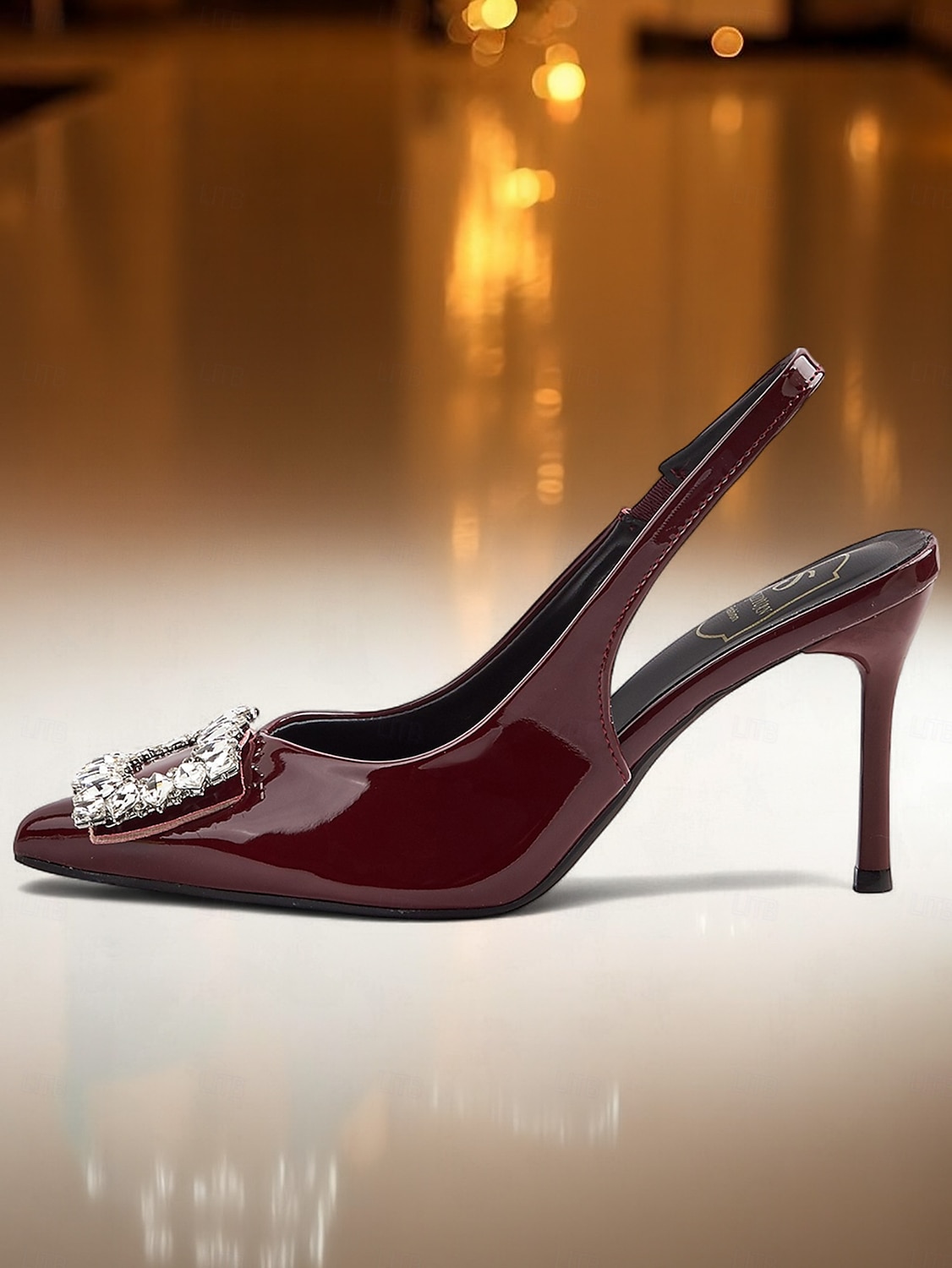 Scarpe con tacco a spillo in vernice bordeaux da donna con cinturino posteriore - stiletti a punta con fibbia in cristallo per eventi formali e cocktail party del 2025 a $32.99 –P8