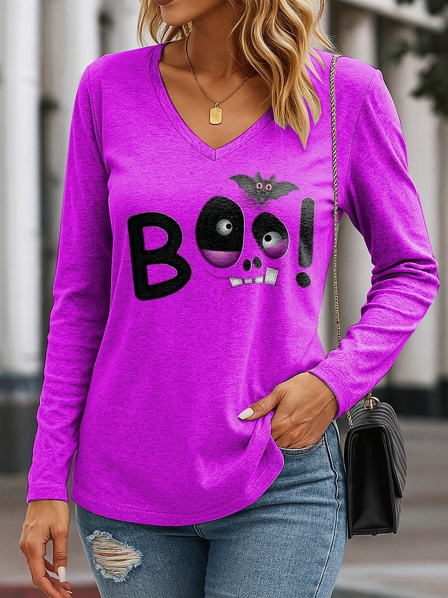 Halloween Dame T skjorte Grafisk Bokstaver Halloween Elegant Årgang Stilfull Langermet V-hals Vanlige topper Daglig Ut på byen Helg Trykt mønster Blå Lilla Oransje Grønn Vår Høst 2025 - $22.99 –P4