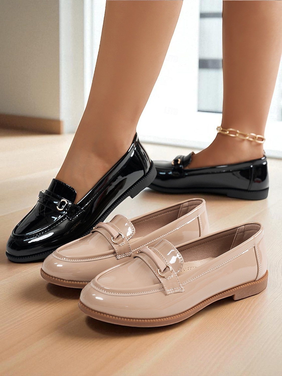 Damen nude Lackleder Penny Loafers mit Schnallen-Details - Elegante Slipper Flats für Damen klassisch Prep-Stil Büroschuhe für tägliche Arbeit Schule und Freizeitaktivitäten 2026 - $32.99 –P1