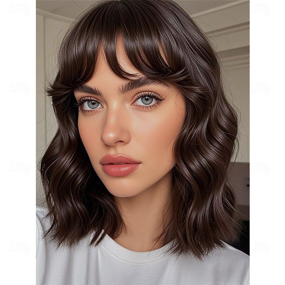Peruca loira com mechas castanhas e franja, peruca curta e cacheada para mulheres, comprimento dos ombros de 14 polegadas, perucas de substituição de cabelo de aparência natural para uso em festas de de 2026 por $23.99 –P7
