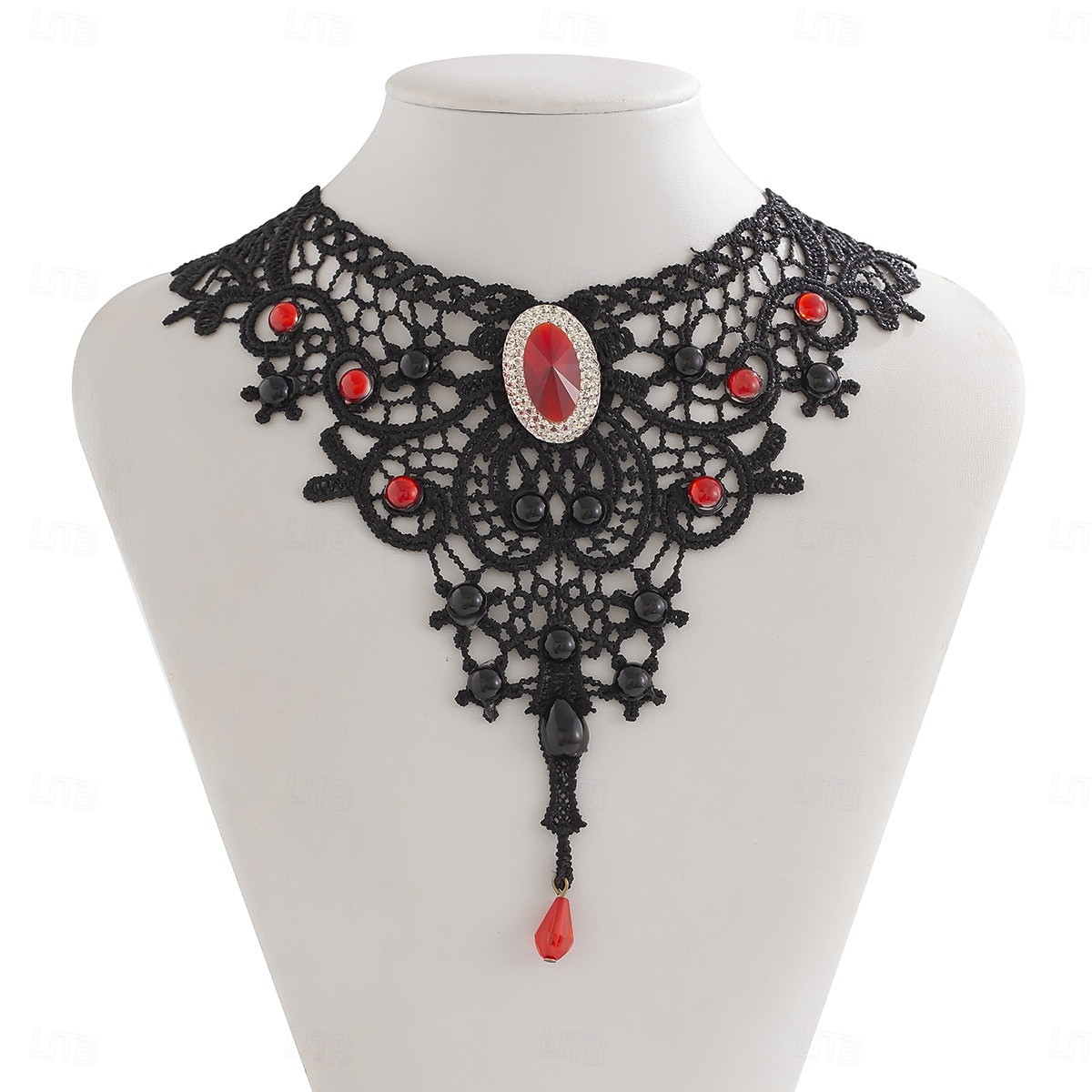 Collana girocollo in pizzo gotico da donna - stile vittoriano vintage nero con pietre preziose rosse e dettagli in perline, elegante gioiello per feste gotiche ed eventi cosplay del 2025 a $11.99 –P6