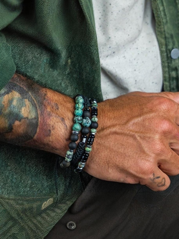 Men’s Green Stone Beaded Bracelet Set – 3-Piece Adjustable Natural Stone & Alloy Wristbands for Boho Style, Ideal for Daily Wear, Gifts and Festivals 2025 - $11.99 –P2